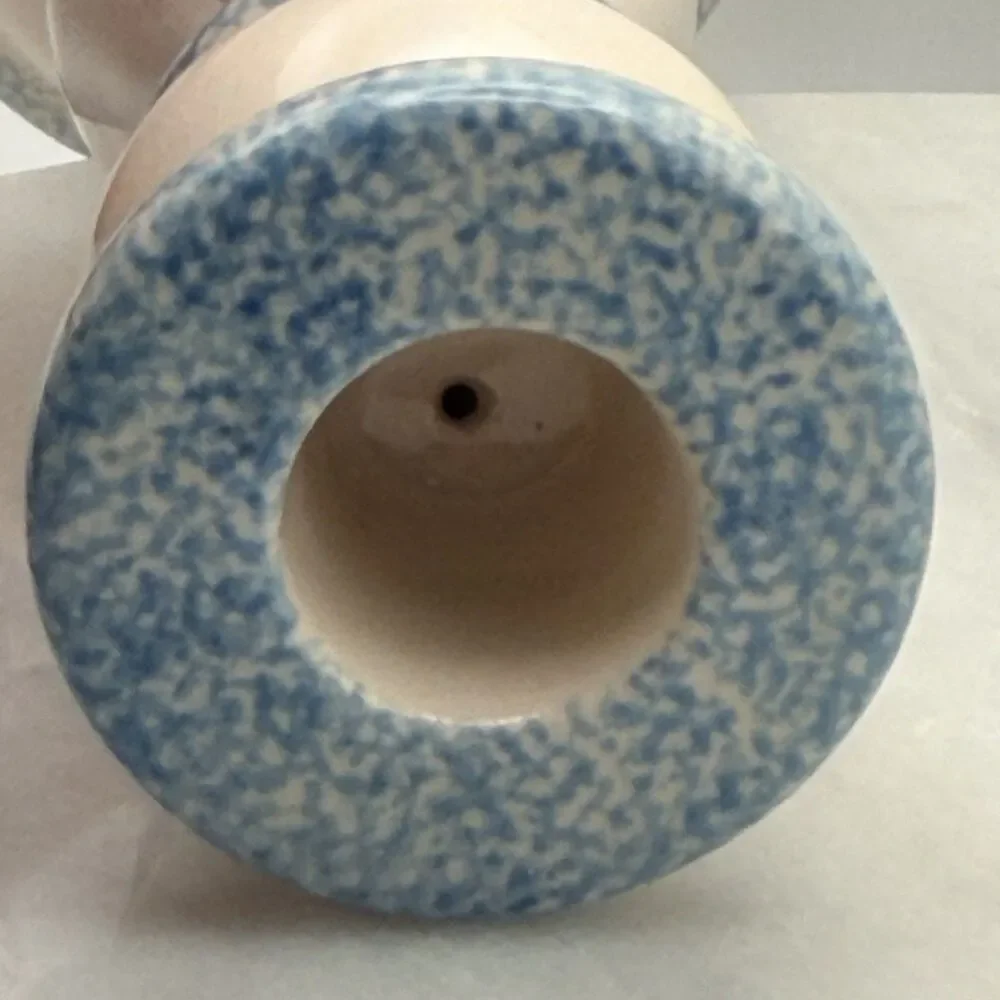 Vintage Blue Heart Spongeware Ceramic Candlestick Holders Pair Country 7.5